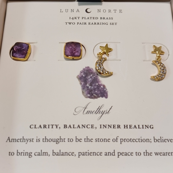 2 pairs stud earring BY LUNA NORTE AMETHYST 14K GOLD PLATED CRESCENT MOON STAR - Picture 4 of 7